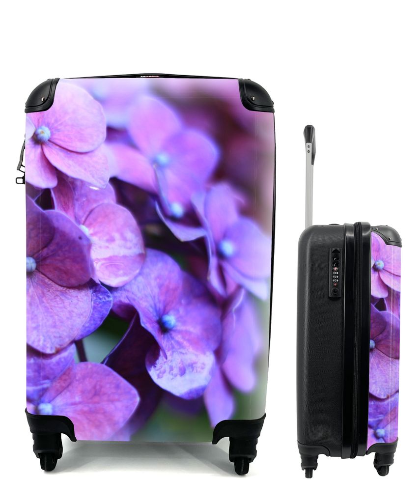 MuchoWow Koffer Handgepäck Trolley Rollkoffer Kleine Reisekoffer mit 4 Rollen - Blumen - Lila - Hortensie - Natur - Blütenblätter - Cabin Size...