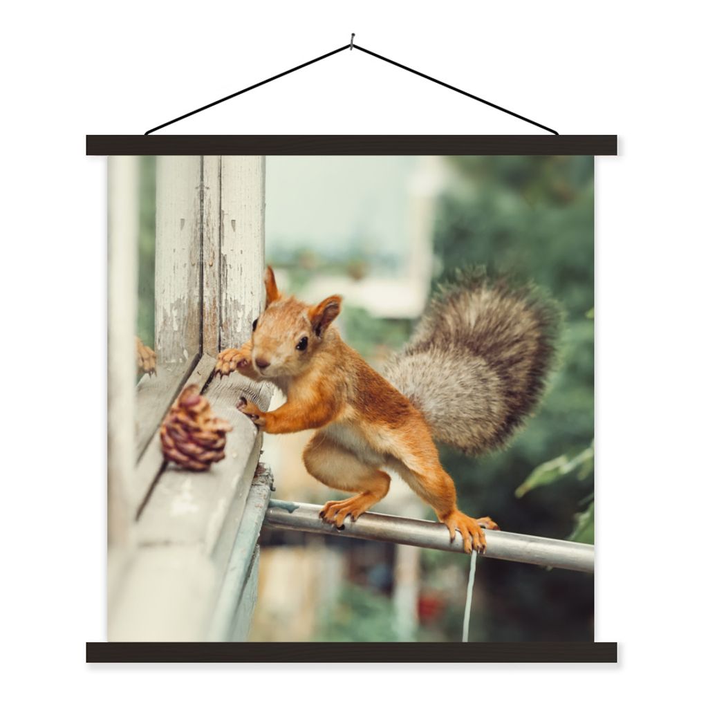 MuchoWow Textilposter Eichhörnchen - Fenster - Herbst - Tannenzapfen 40x40 cm mit schwarzem Rahmen - Fotos