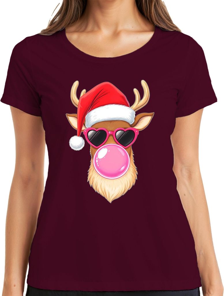 Weihnachtsrentier mit Kaugummi Herzbrille Weihnachtsmütze Cool Damen T-Shirt, Burgundy, 3XL