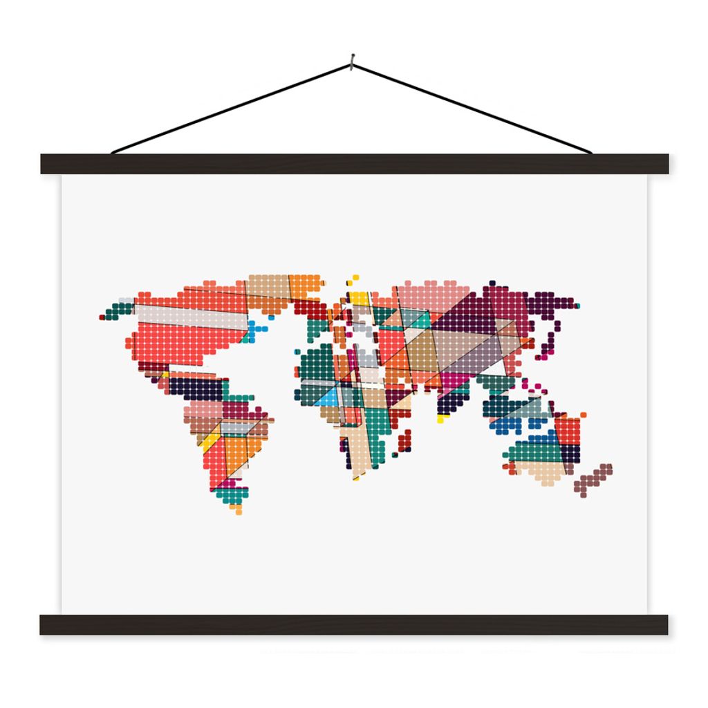 MuchoWow Textilposter Moderne Weltkarte geometrische Formen 120x90 cm mit schwarzem Rahmen - Aufhänger für Poster