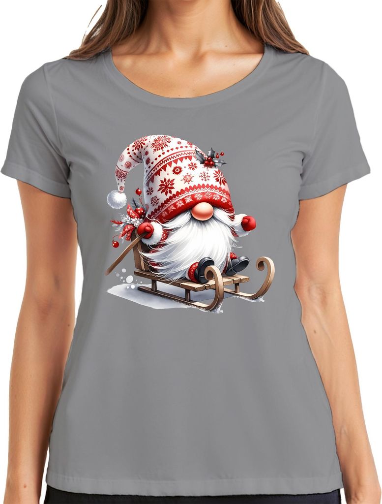 Weihnachtlicher Weihnachtswichtel auf Schlitten mit Mütze und Schnee Damen T-Shirt, Grau, L