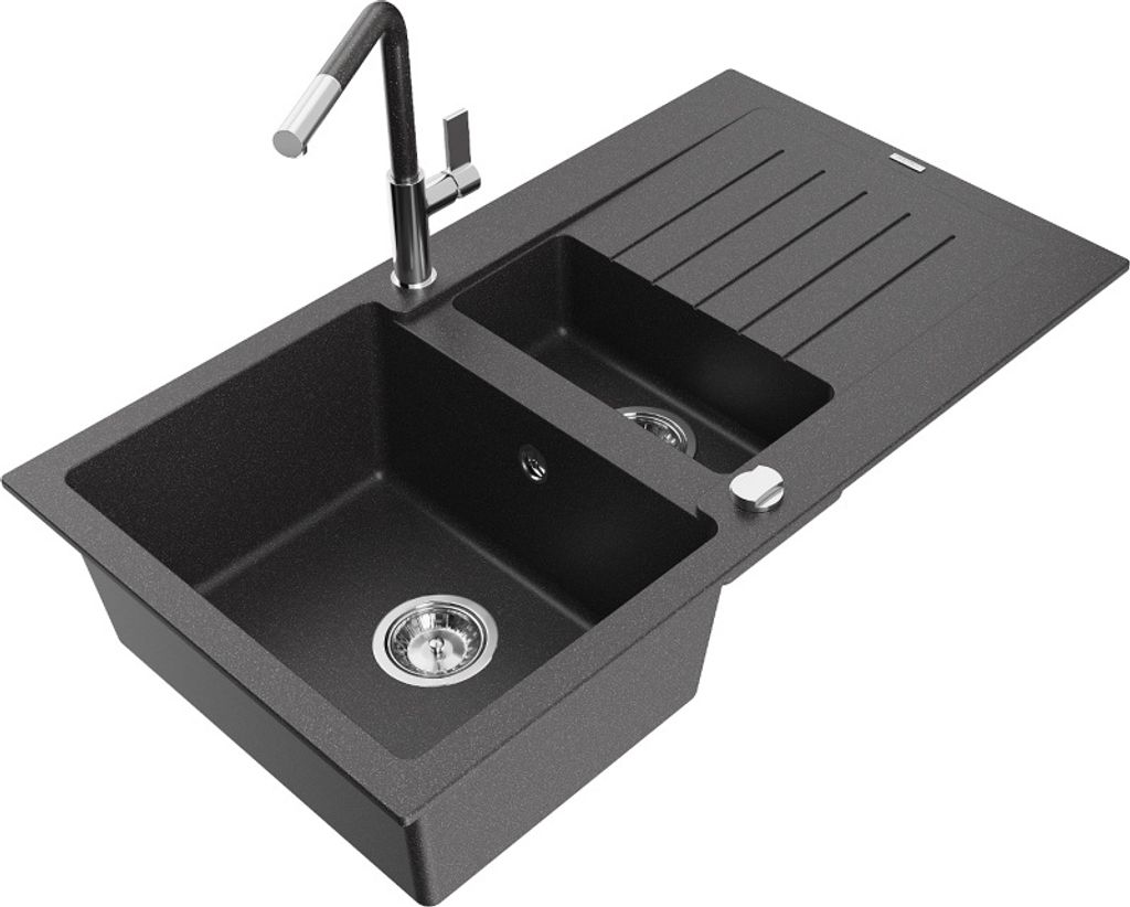 Mexen Matias 1,5-Becken-Granitspüle mit Abtropffläche und Mischbatterie Flora, Schwarz/Gold metallisch - 6502-76-670401-08