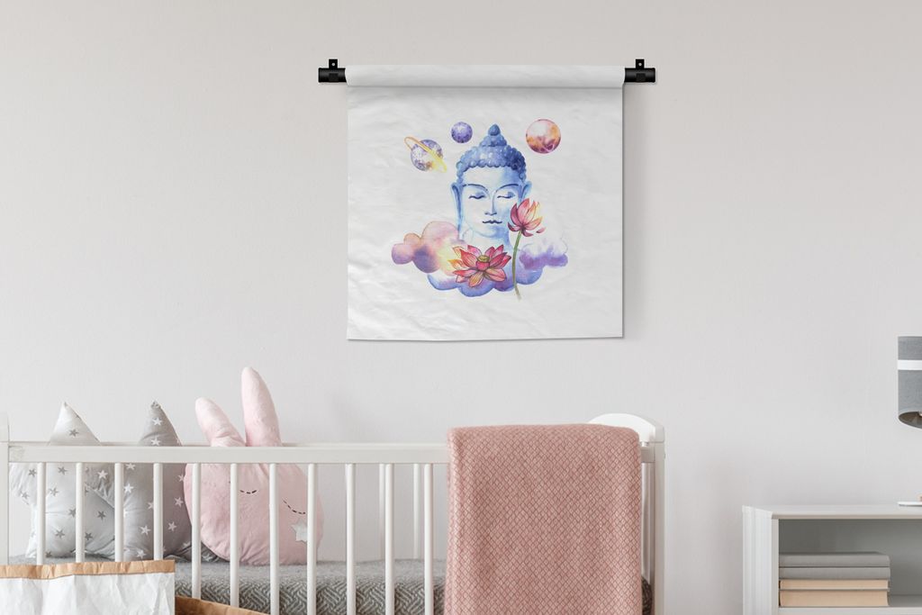MuchoWow Wandteppich Wandbehang Buddha - Kopf - Blumen 60x60 cm Tapisserie Dekoration Wandtuch - Dekorationen - Wand Decke