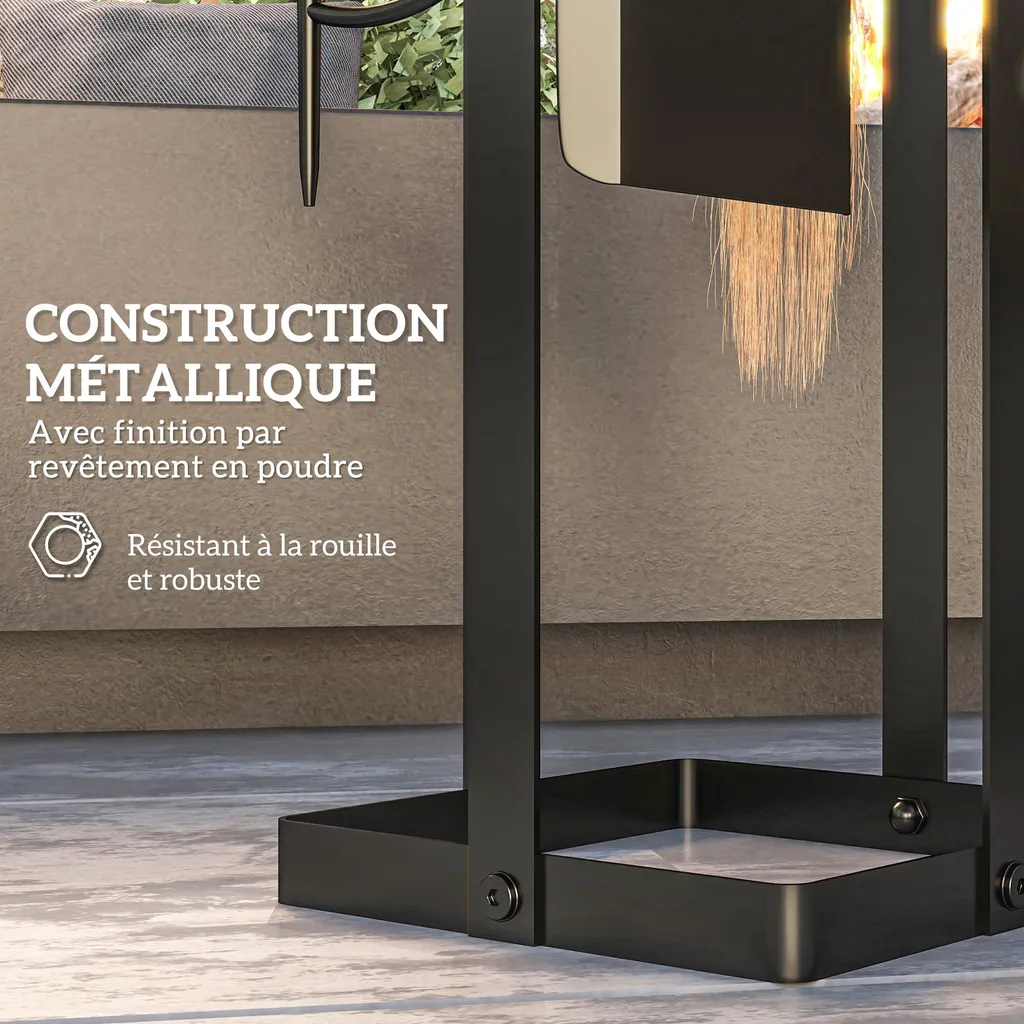 Serviteur de cheminée design noir avec support et 4 outils indispensables