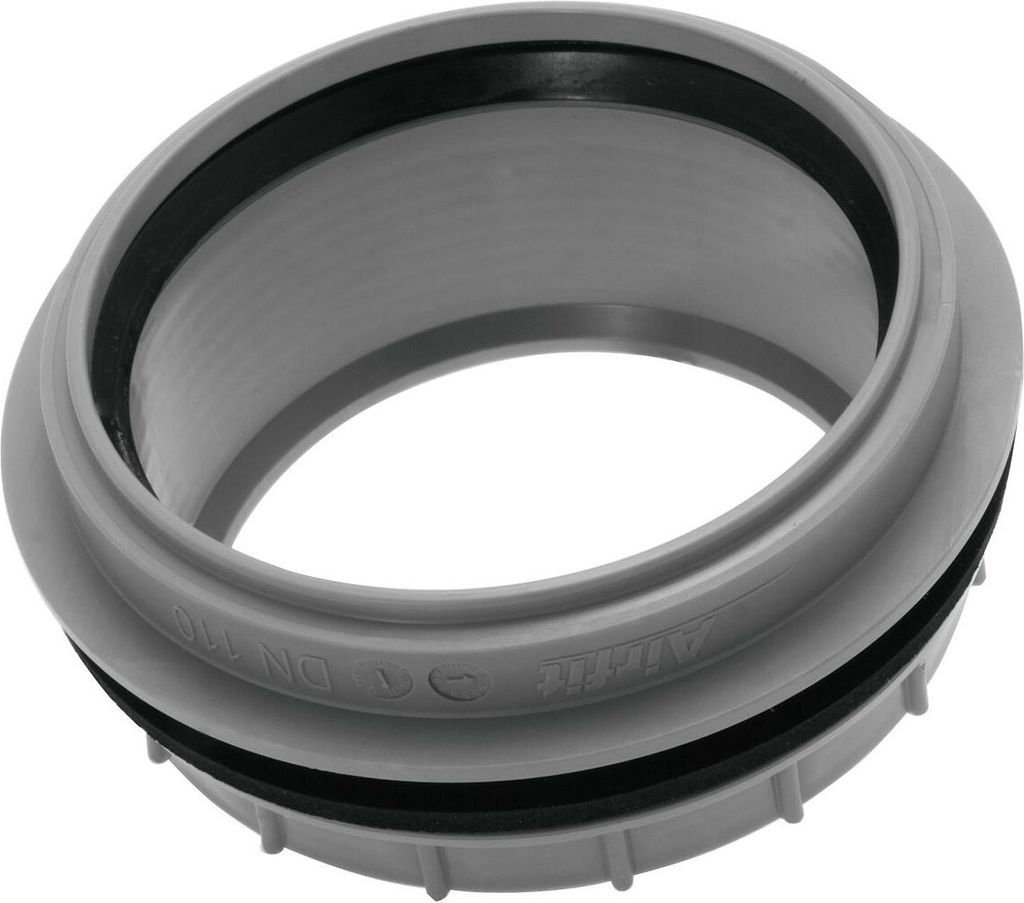 A close-up studio shot of a gray pipe fitting with black rubber seals.