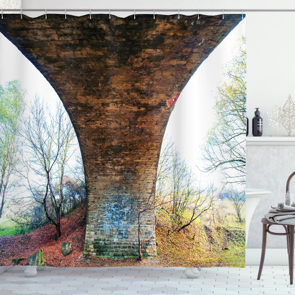 ABAKUHAUS Tenda da doccia paesaggistica, Pillar of Stone Bridge, tessuto di facile manutenzione con 12 ganci, impermeabile, resistente allo scolorimento e ai batteri, 175 x 180 cm, marrone verde