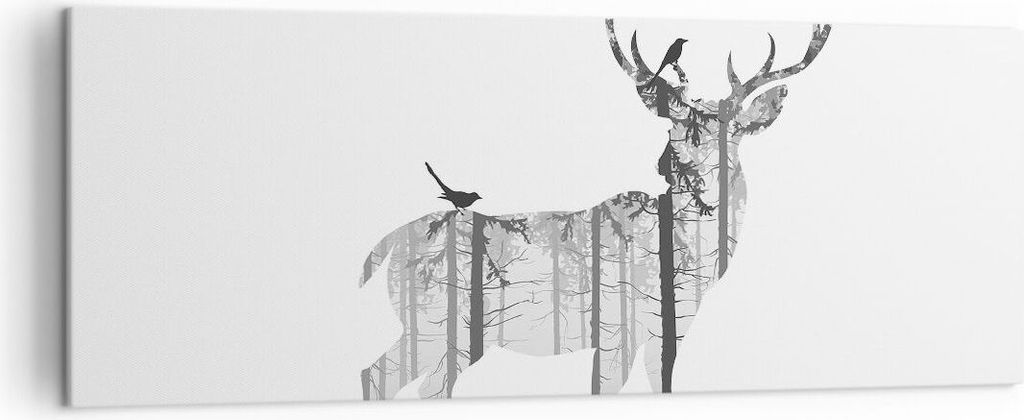 Bild auf Leinwand - Leinwandbild - Hirsch Herbst Wald Illustration - 140x50cm - Wand Bild - Wanddeko - Leinwanddruck - Bilder - Kunstdruck - Leinwa...