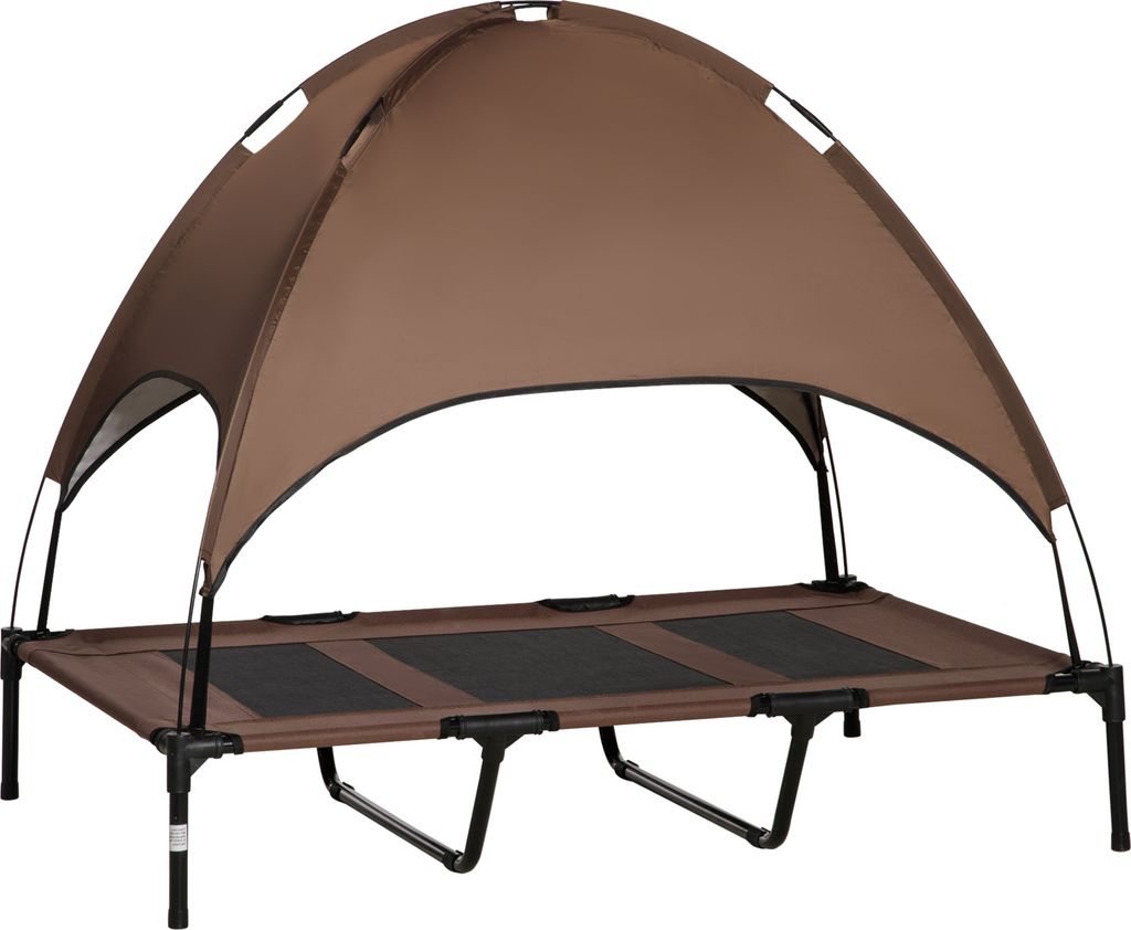 Haustierbett mit Baldachin, erhöhtes Hundebett outdoor, atmungsaktiv, Taftstoff, Kaffee, 122x92x108 cm, ideal für Hunde