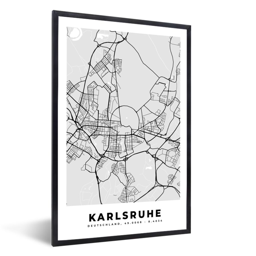MuchoWow Gerahmtes Poster Stadtplan - Karte - Karlsruhe - Deutschland 40x60 cm - Poster mit Schwarzem Bilderrahmen Wandposter Rahmen Foto Bilder ...