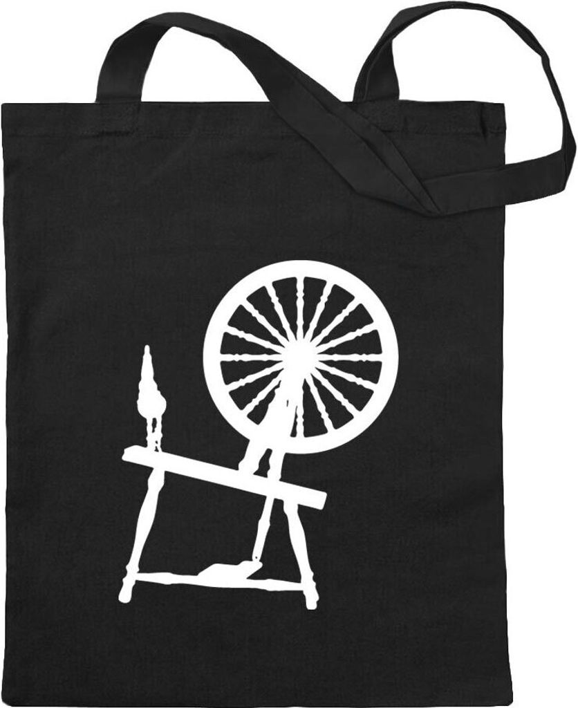Kiwistar - Baumwolltasche - schwarz - Spinnrad Siljouette - Tragetasche Stoffbeutel Umhängetasche Langer Henkel