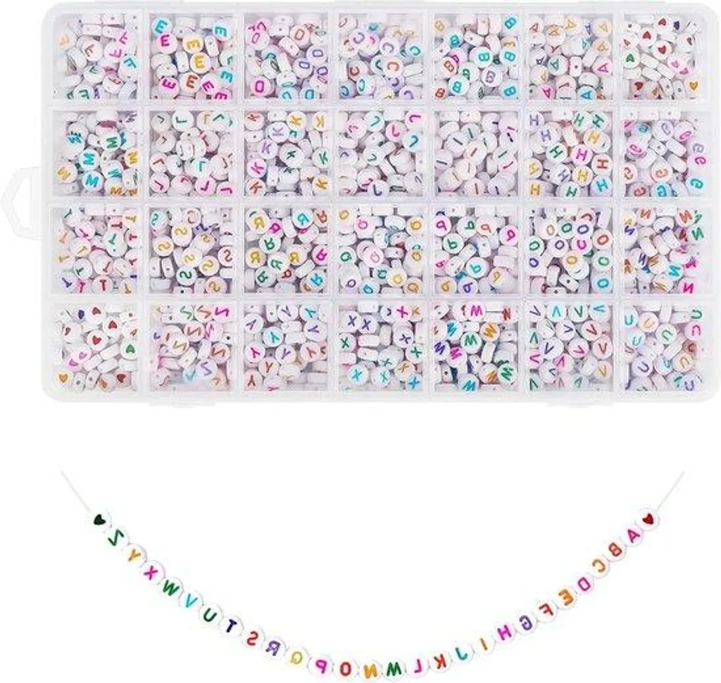 Lot perles alphabet blanches 7mm avec fil cristal pour bijoux DIY