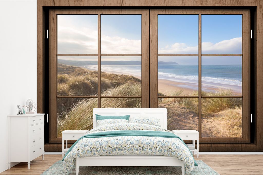 MuchoWow Fototapete für Wohnzimmer oder Schlafzimmer Wandtapete Vinyl Motivtapete Durchblick - Strand - Holz - 600x400 cm - Vinyltapeten