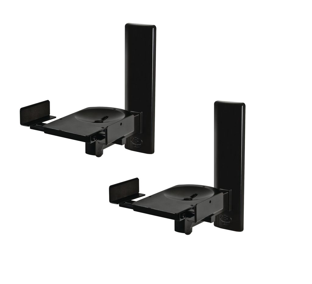 Two black speaker wall mounts are shown against a white background.