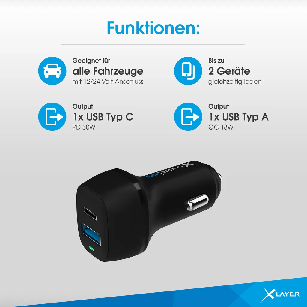Adaptateur Allume-Cigare Rapide Xlayer USB-C PD 48W Double USB