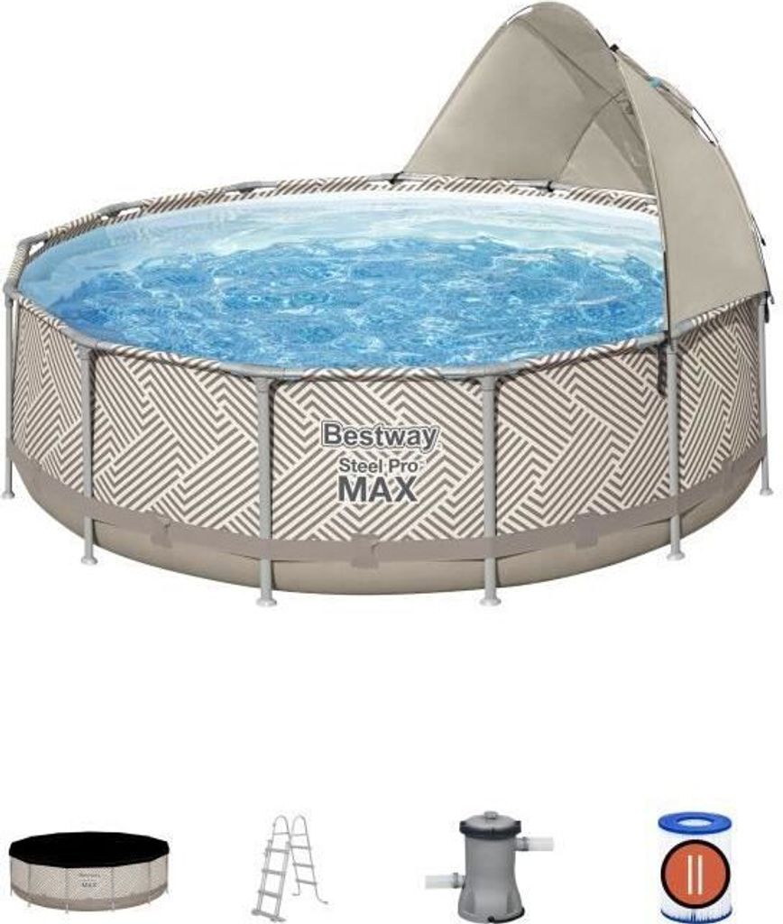 BESTWAY Steel Pro Max Rohr-Aufstellpool-Set 396 x 107 cm – rund (mit Kartuschenfilter, Markise, Abdeckung, Leiter)