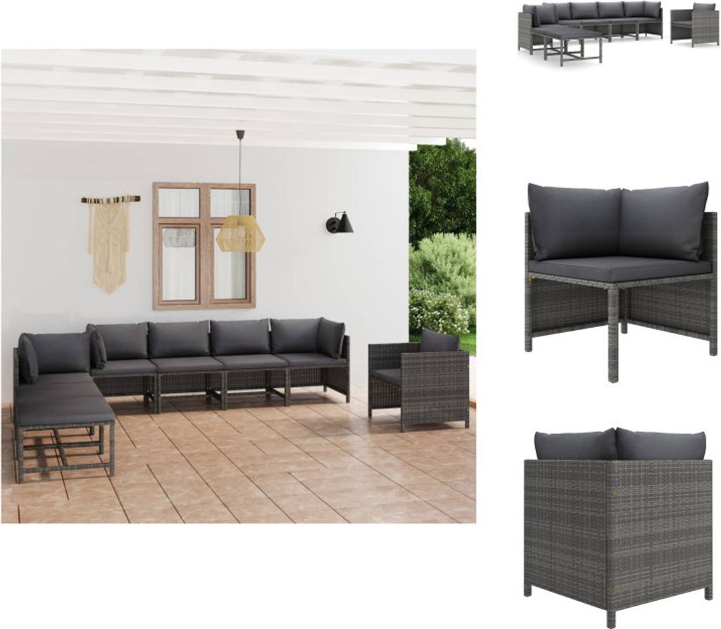 vidaXL 8-tlg. Garten-Lounge-Set mit Kissen Poly Rattan Grau Produktbild 
