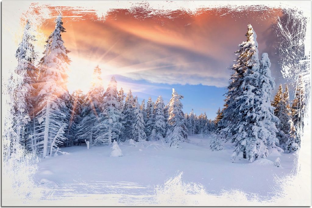 Kunstdrucke Wandbilder Holz in : Brillante Farben, Größe 60 x 90 cm Motiv Sonnenaufgang über einen Winterwald
