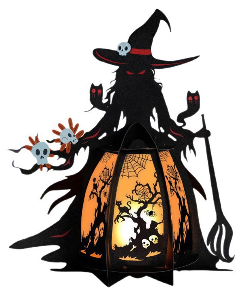 Halloween-Hexenlaterne, 3D-Grusellaterne, beleuchtete Tischdekoration, gotische Fledermaus-Totenkopf-Hexenlampe für Kaminsims, Eingangsbereich, Ti...