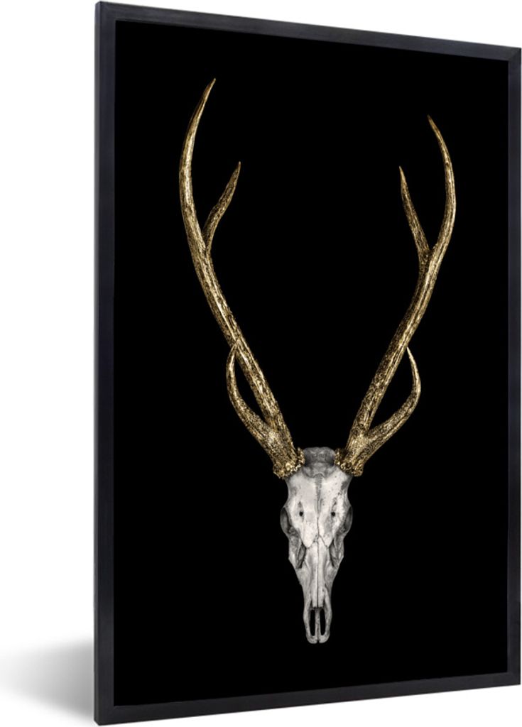 MuchoWow MuchoWow Gerahmtes Poster Hirschgeweih gold 60x90 cm - Poster mit zchwarzem Bilderrahmen - Kunst