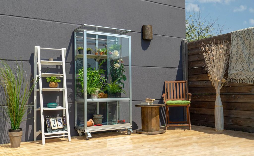 Vitavia Balkon- und Anlehn-Gewächshaus "Stad" aluminium eloxiert 3 mm ESG mit Rollfundament