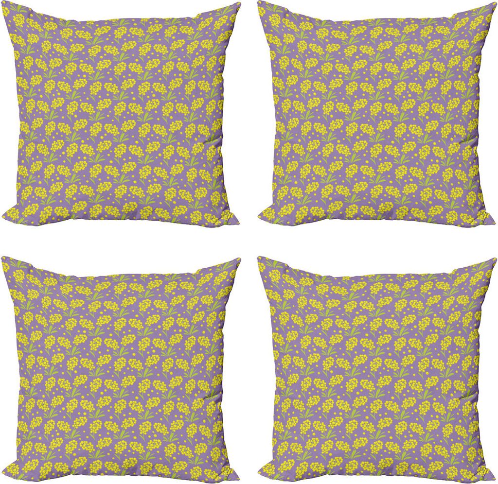 ABAKUHAUS Frühling Kissenbezug Set (4 Stück), Mimosa Blumen-Blüten-Kunst, Moderner Doppelseitiger Digitaldruck, 45 cm x 45 cm, Pale, Lila, Gelb