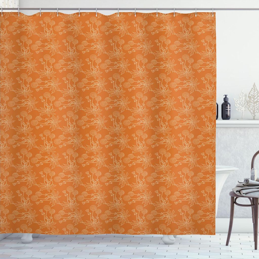 ABAKUHAUS Burnt orange Duschvorhang, Löwenzahn Mohnblumen und Wildblumen Silhouetten Romantische Gartenkunst, 175 x 180 cm, Burnt Orange und Weiß