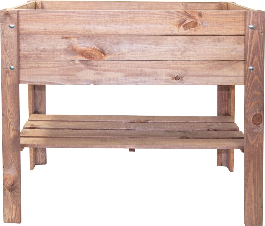 A wooden raised garden bed with a shelf underneath, shown against a white background.