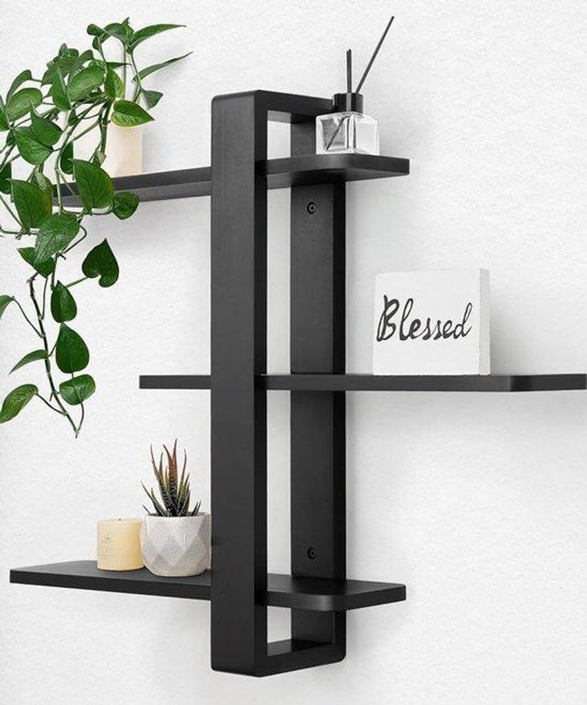Famanu Wandregal Set aus 3 Teilen – Kiefernholz – Schwarz – 50 cm