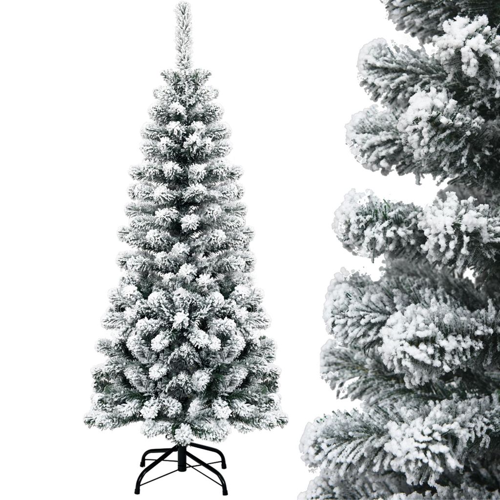 A full shot of a flocked artificial Christmas tree on a white background, with a close-up detail of the tree branches on the right.