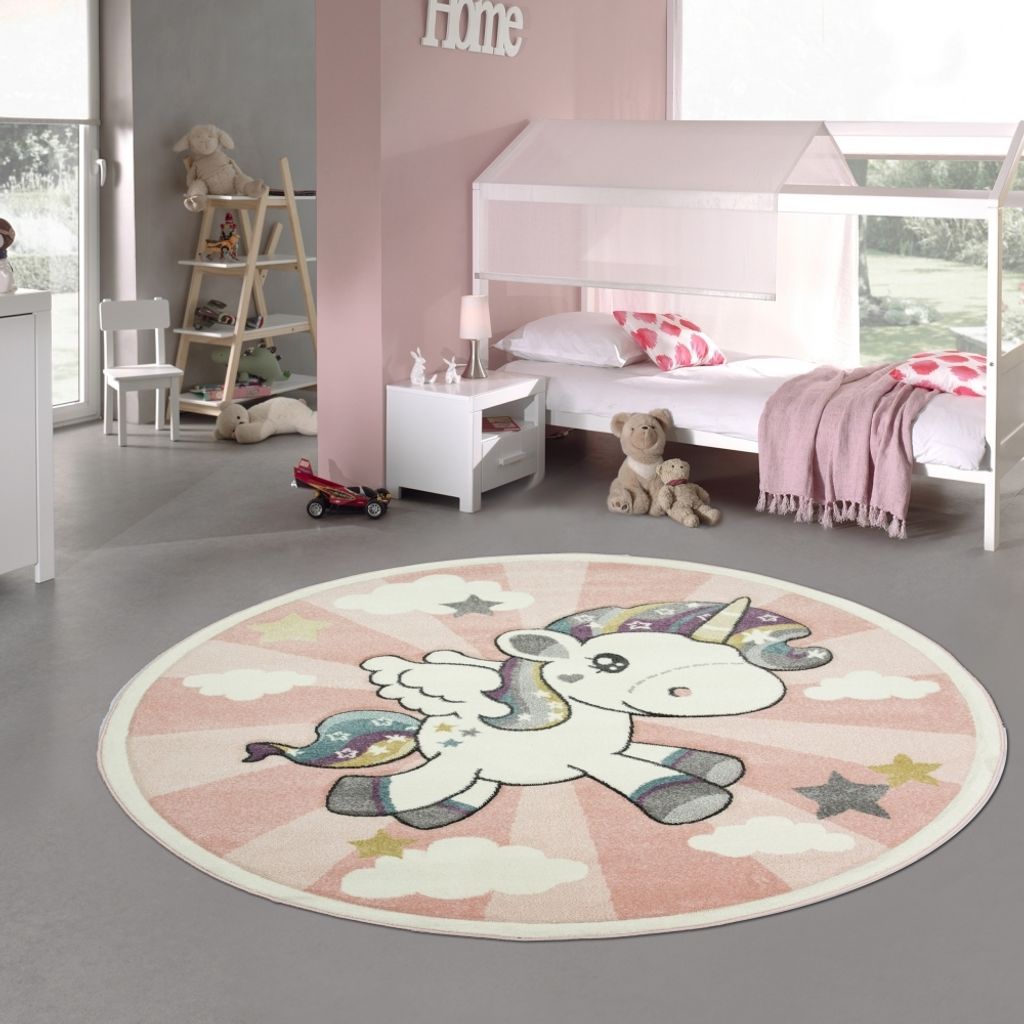 Kinderteppich Spielteppich Babyteppich mit Einhorn Regenbogen in Rosa Creme Größe - 80 cm Rund