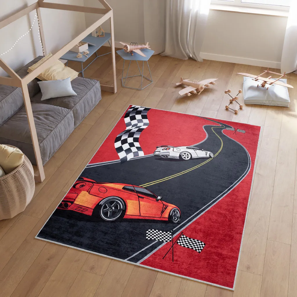 Tapis pour Chambre de Garçon Rouge avec Voiture 80x150 Style Moderne