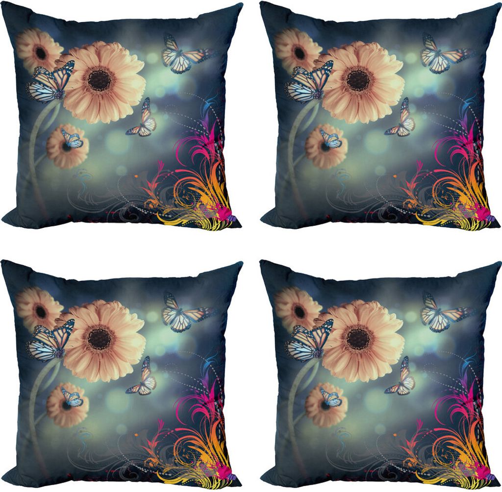 ABAKUHAUS Frühling Kissenbezug Set (4 Stück), Gerber Blütenblätter Schmetterlinge, Moderner Doppelseitiger Digitaldruck, 60 cm x 60 cm, blau Peach