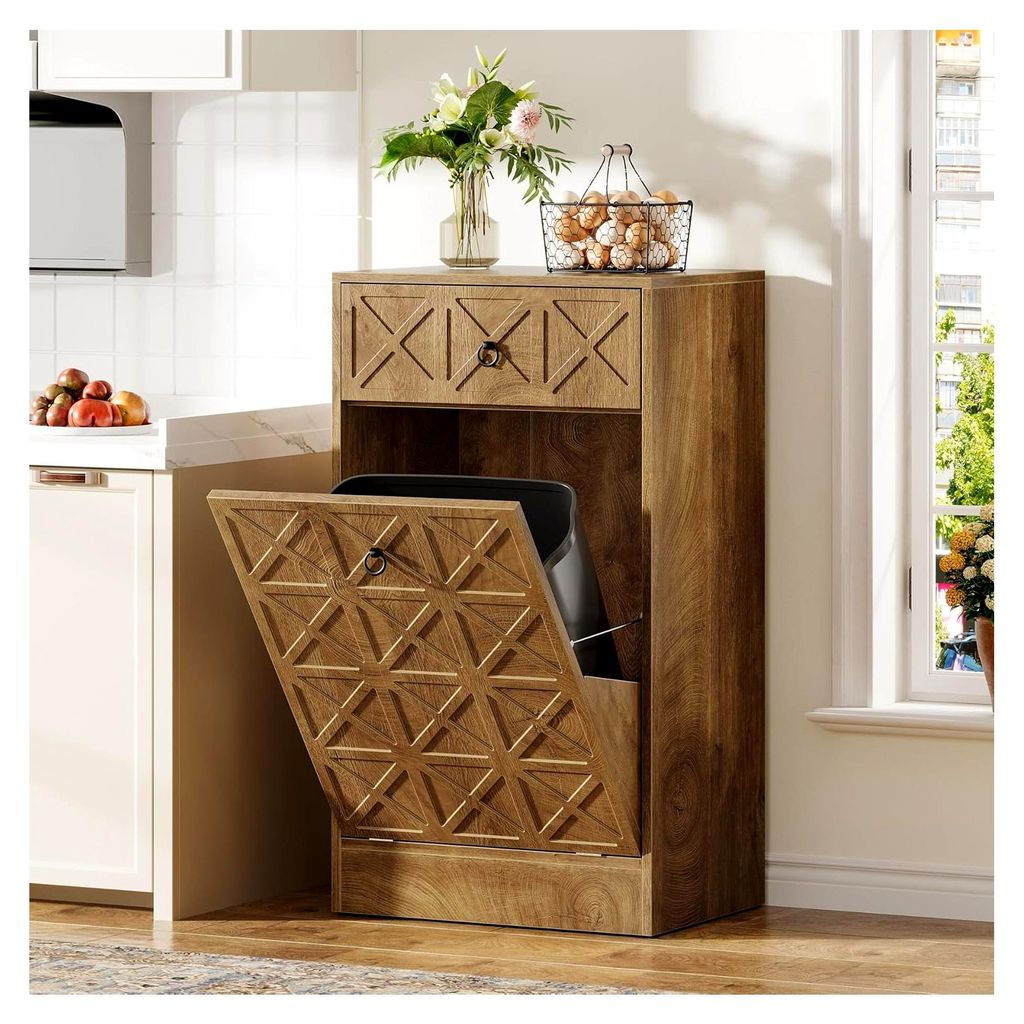 Kipp-Mülleimer, 13 Gallonen versteckter Mülleimerschrank mit Schublade, Holz-Mülleimerschrank für Küche und Wohnzimmer, 50 × 35 × 92 cm