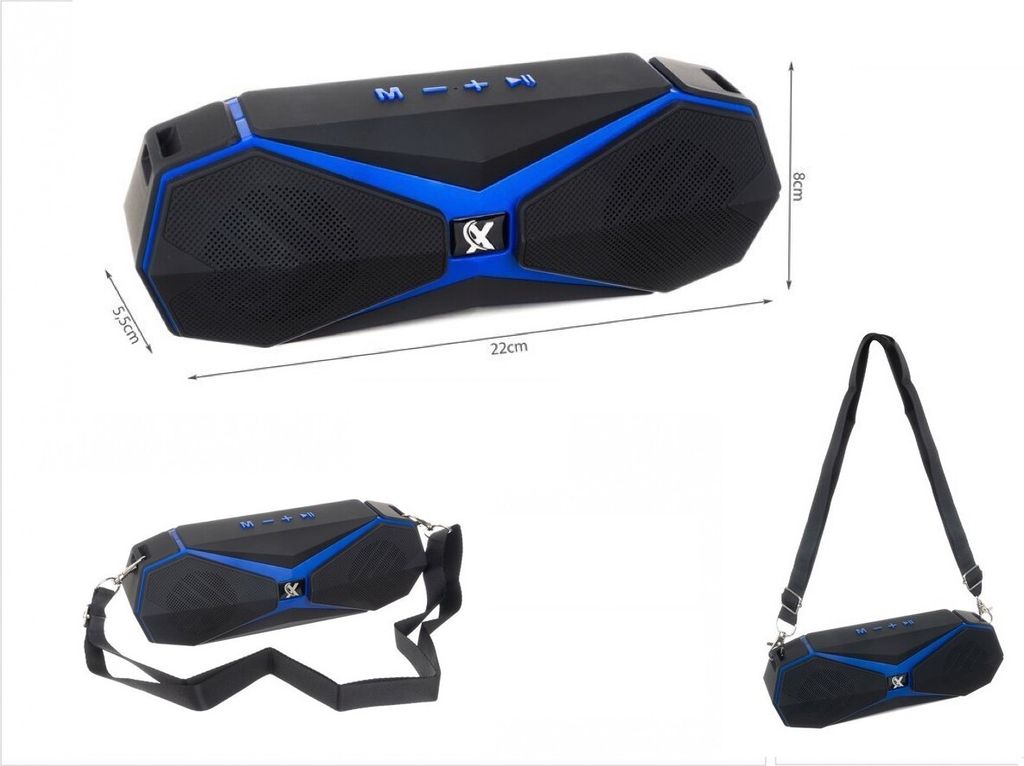 A collage of images showing a portable Bluetooth speaker and its carrying bag.