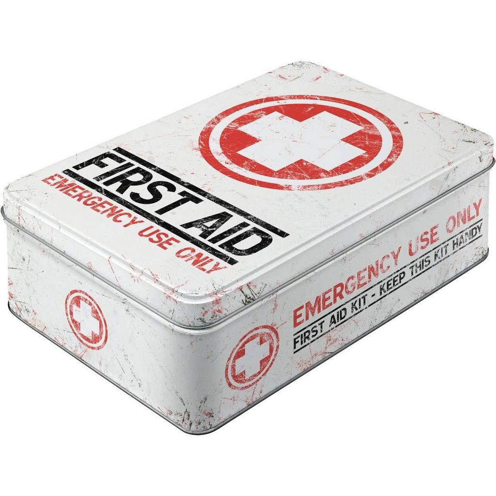 A first aid tin box with distressed markings.