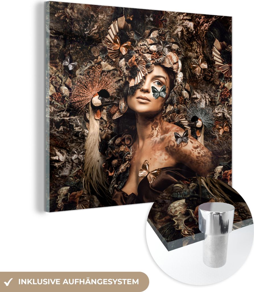 MuchoWow Glasbilder - Bilder auf Wandbild - Foto auf Glas Luxus - Frau - Tiere - Schmetterlinge - Vögel 50x50 cm Wanddekoration aus Glas - Acrylgl...