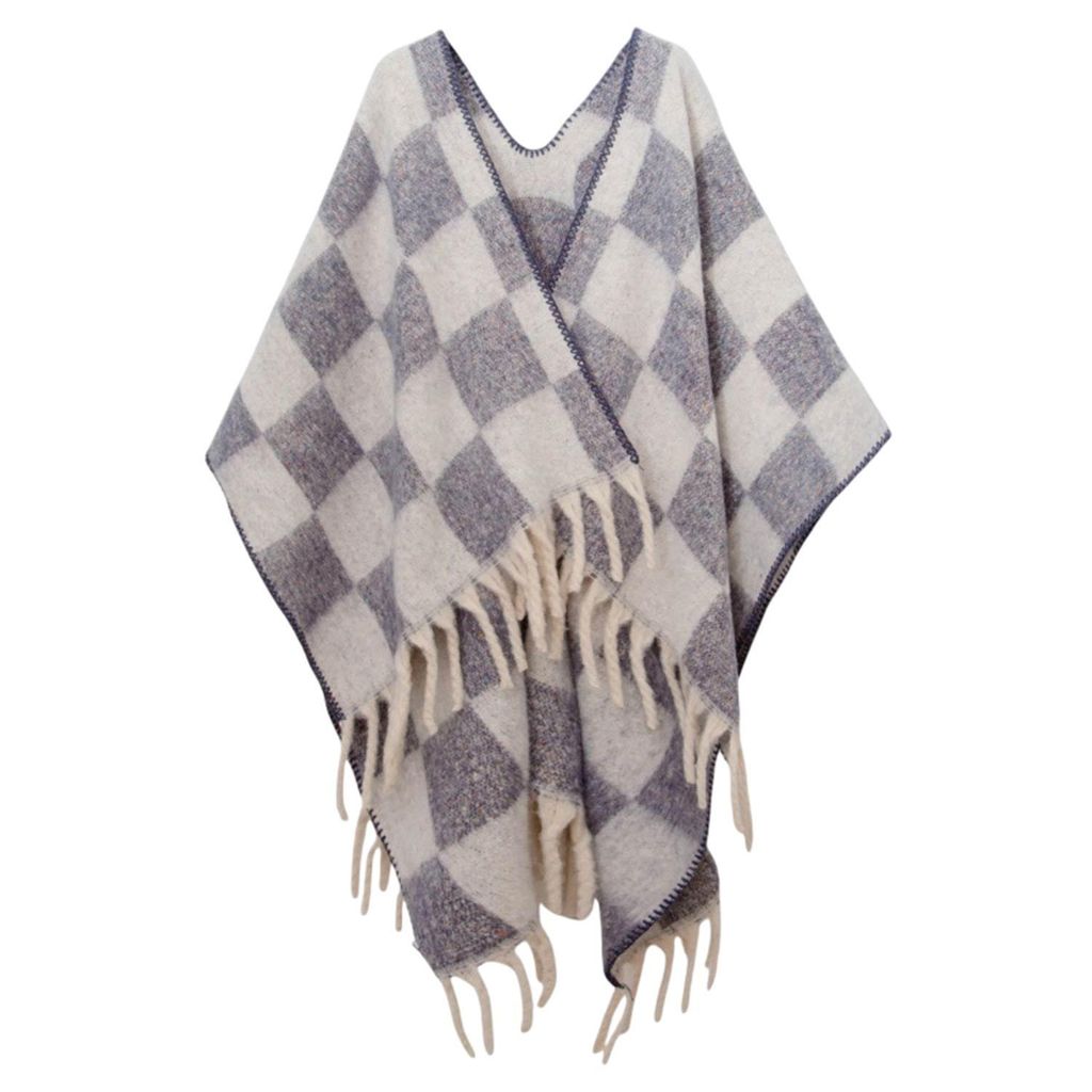 Winter Schal Damen, Warm Übergroße Schal mit Quasten, Karierte Schals, Elegant Poncho, 165x125cm, Blau