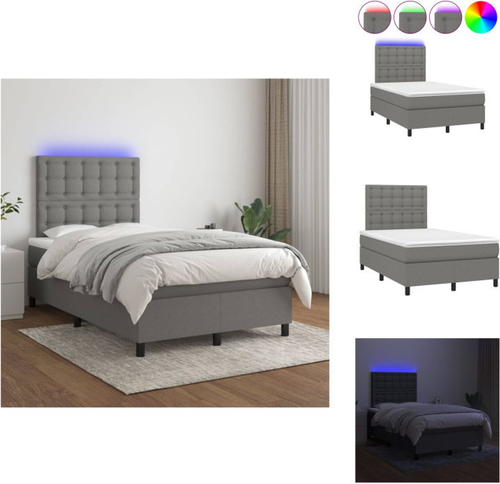 vidaXL Boxspringbett mit Matratze & LED Dunkelgrau 120x200 cm Stoff - Betten & Bettgestelle