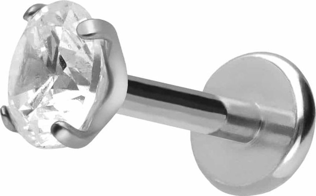 Ohrpiercing, Nasenpiercing Titan Labret mit Push Fit EINGEFASSTER KRISTALL Silber Stablänge: 10mm | Stabstärke: 1mm | Kristallgröße: 4mm