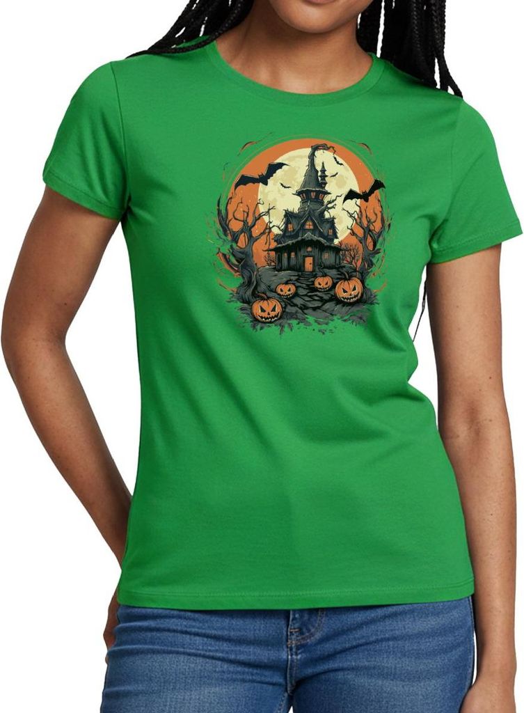 Spreadshirt Halloween Spukhaus Mit Kürbissen Und Vollmond Frauen T-Shirt, L, Kelly Green