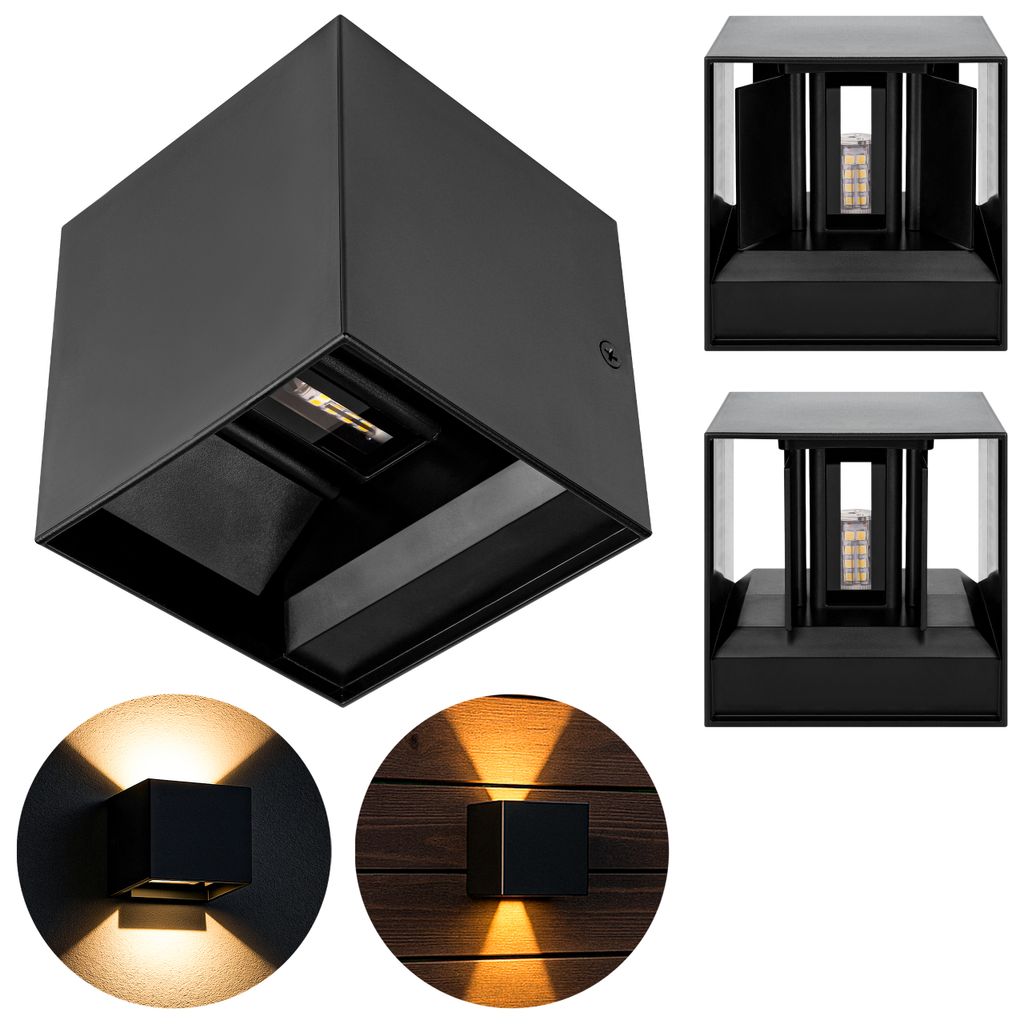 A collage of images showing a black cube-shaped outdoor wall light from different angles and in different lighting conditions.