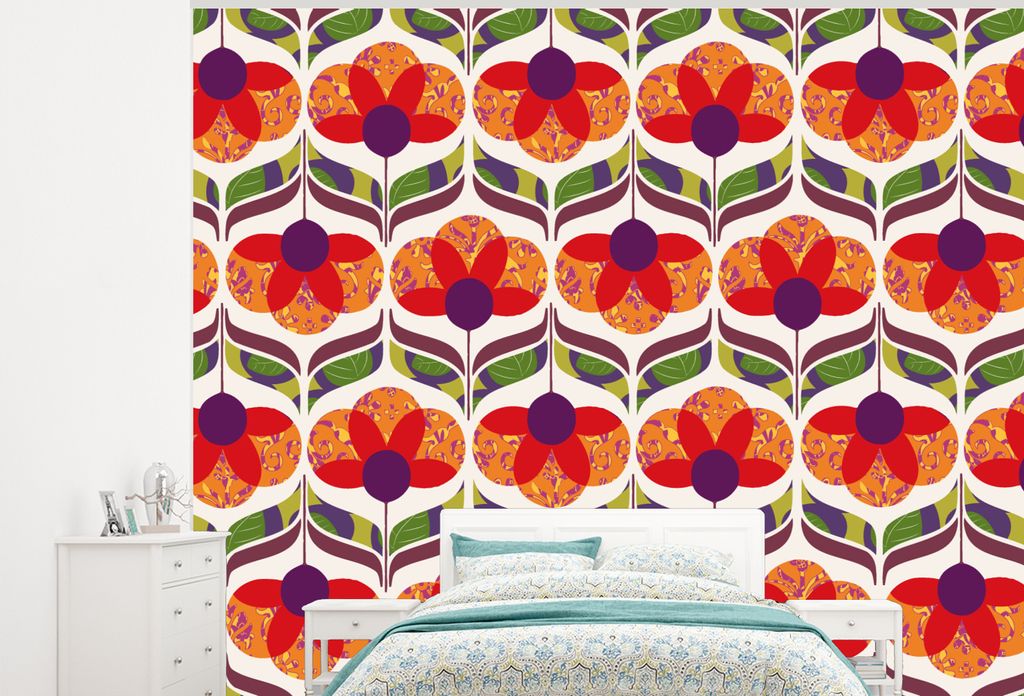 MuchoWow Fototapete für Wohnzimmer oder Schlafzimmer Wandtapete Vinyl Motivtapete Retro - Flower Power - Vintage - Farben - 300x240 cm - Fototap...