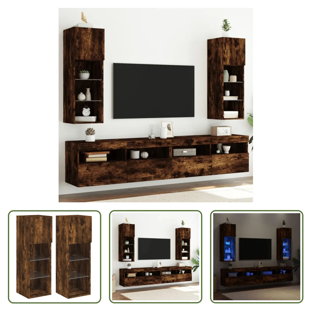 Mobili TV Eleganti Rovere Fumé 2 pezzi con LED - Arredo Casa