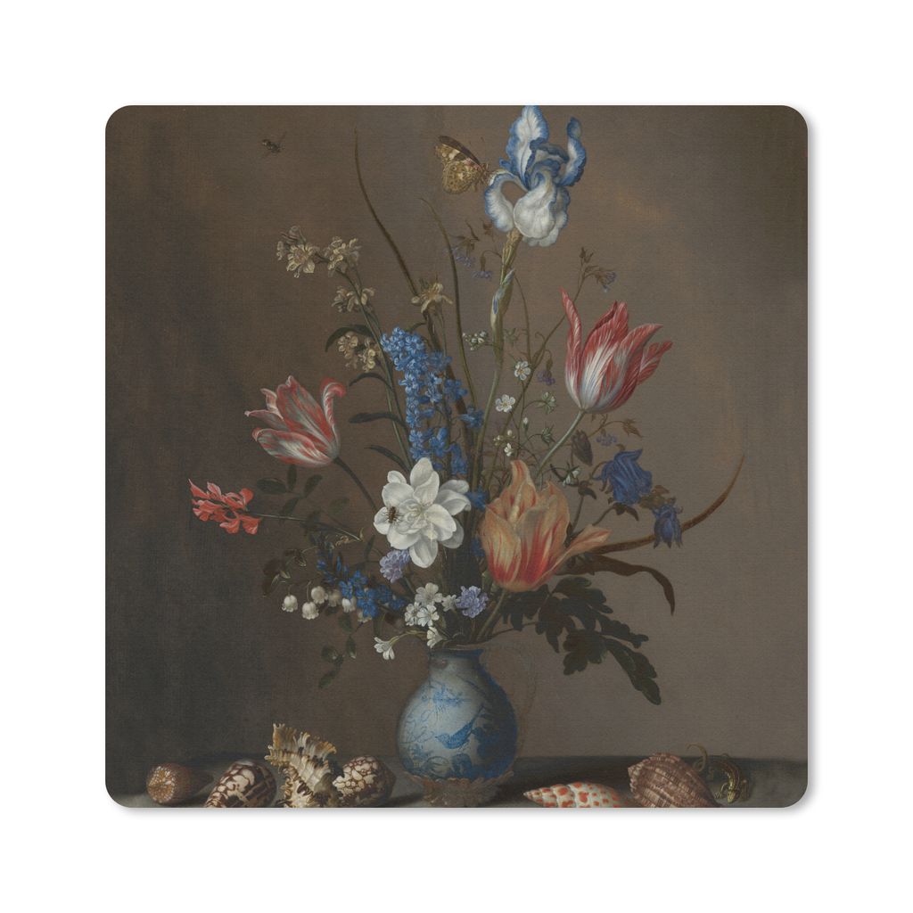MuchoWow Mauspad Mousepad Blumen in einer Wan-Li-Vase und Muscheln - Gemälde von Balthasar van der Ast 30x30 cm - Mousepads - Maus Mat - Pad - M...