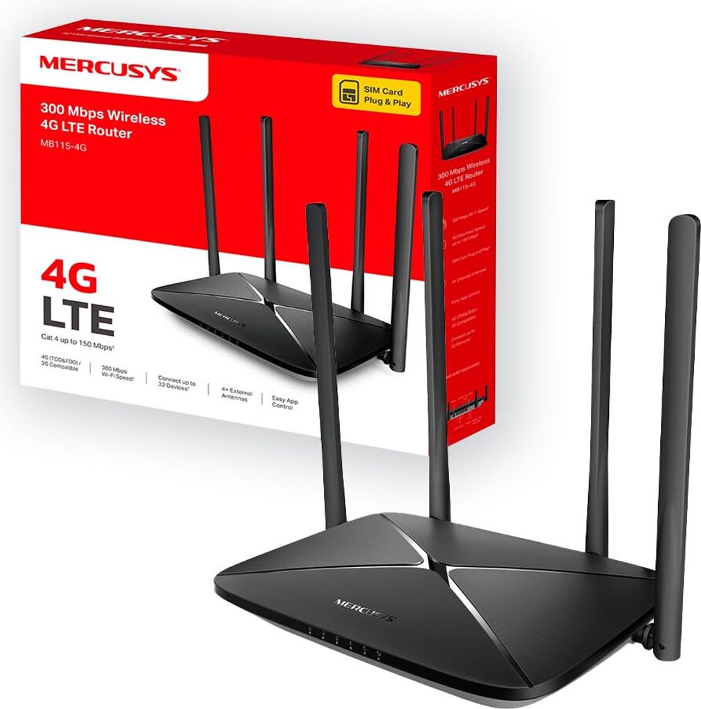 Mercusys MB115 Router WiFi 4G LTE con SIM, 4 Antennen, 300Mbps, 32 Dispositivi