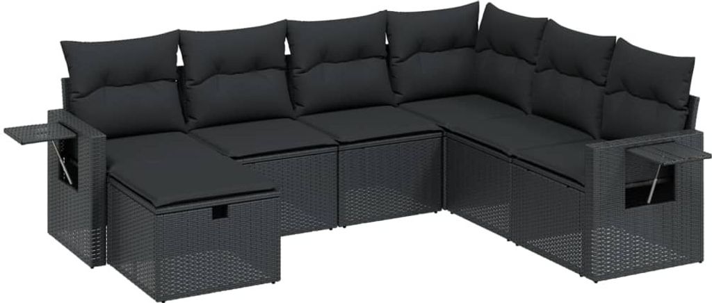 vidaXL 7-tlg. Garten-Sofagarnitur mit Kissen Schwarz Poly Rattan