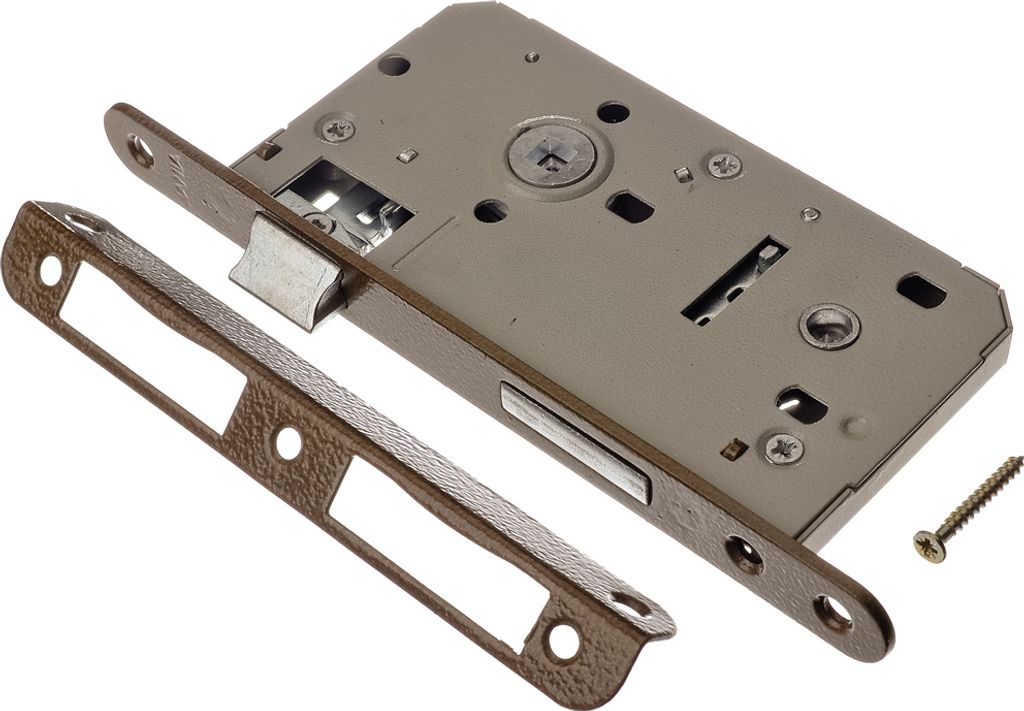 A lock mechanism and strike plate are shown on a white background.