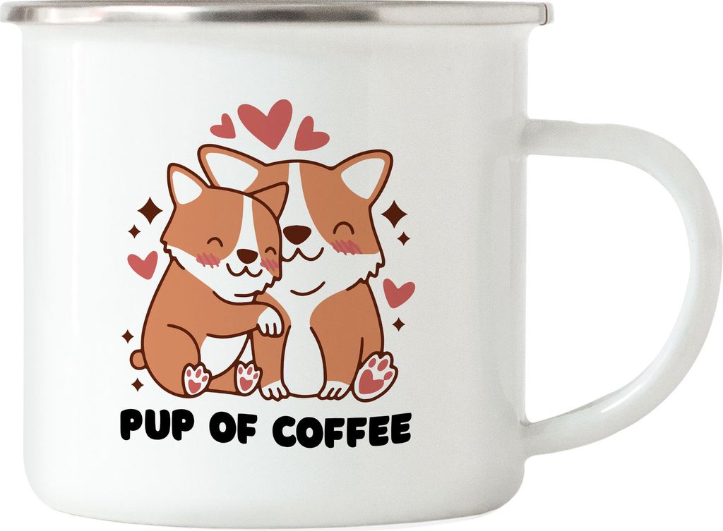 Pup of Coffee Emaille Tasse Puppy Cup Welpe Baby Dog Endless Love Tea Teacup Mug Heißgetränk Liebe Süßes Motiv Herzen