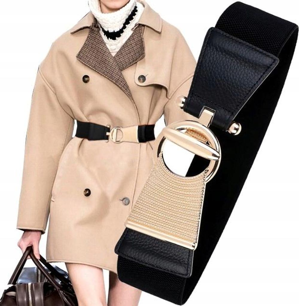 EDIBAZZAR | Breiter Gürtel mit goldener Schnalle für ein Kleid, elastisch schwarz, Damen Taille