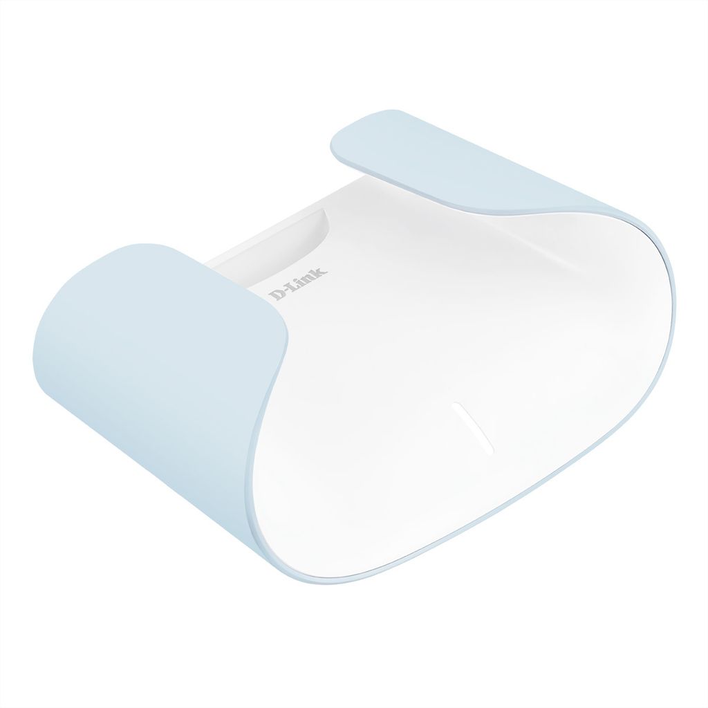 A white and light blue D-Link mesh router is shown against a white background.